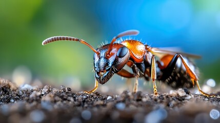 This macro shot captures a detailed ant in clear focus, showcasing its intricate features while set against the blurred green backdrop of nature, emphasizing life's small wonders.