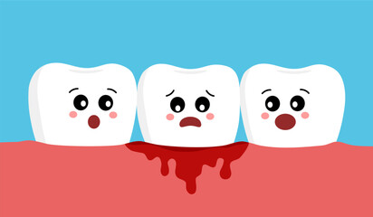 Cute cartoon tooth character with gum problem. Dental care concept, gingivitis and bleeding. Illustration