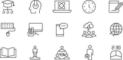 Collection of Line Icons Education, Technology, Teamwork, and Time Management