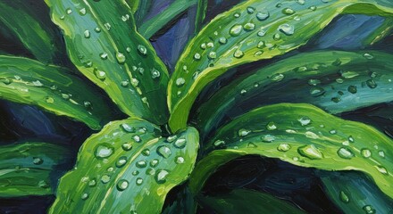 Obraz premium Vibrant green leaves covered in fresh, clear water droplets glistens in the dark