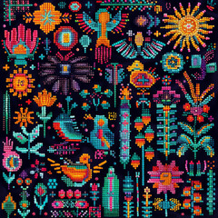 Fototapeta premium Mexican aztec sun stone with tribal face and colorful symmetrical pattern on black background