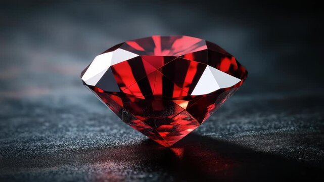 Close-up of a faceted red ruby on dark background displaying its cut and shine