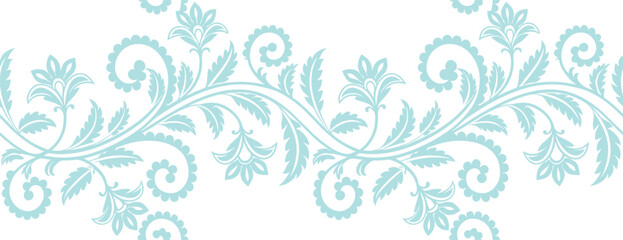 Delicate aqua floral border with intricate swirling leaves and elegant stems on a white background. Ideal for invitations, fabric, or decorative design use. Seamless botanical vector element.