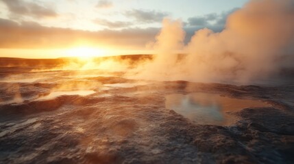 A serene landscape of steaming hot springs captured at sunset, showcasing the stunning interplay of light, water, and earth, creating a tranquil and meditative environment.