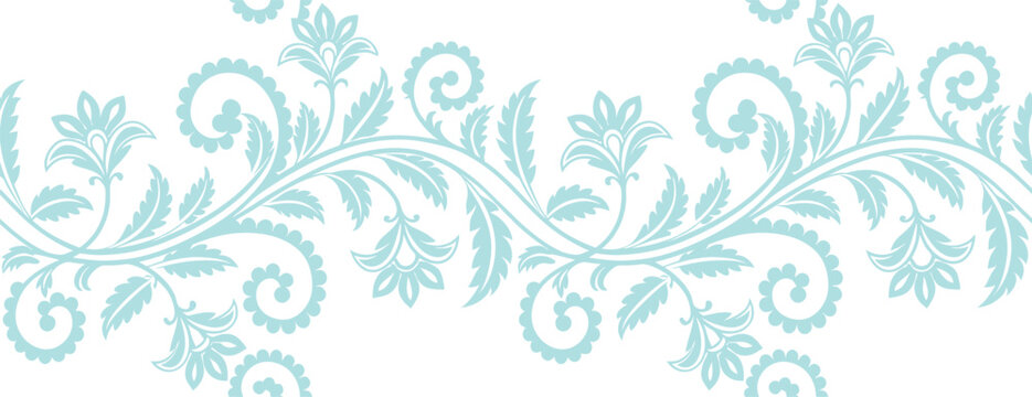 Delicate aqua floral border with intricate swirling leaves and elegant stems on a white background. Ideal for invitations, fabric, or decorative design use. Seamless botanical vector element.