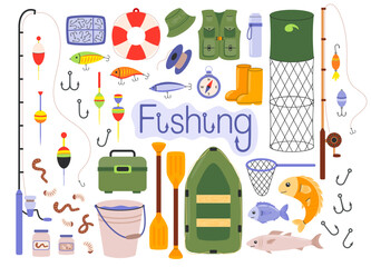Fishing gear set. Fishery boat, hook, lure, bait, net marine, rod, reel, bobber, fish tackles in box, vest, boots. Angling and spinning equipment. Hand drawn flat vector illustration isolated