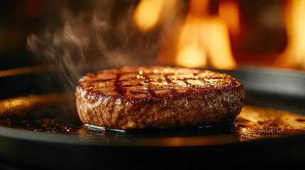 A mouthwatering image of a perfectly grilled burger patty sizzling in a frying pan, showcasing appetizing details and steam rising, inviting viewers to indulge.