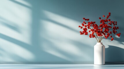 A minimalistic white vase holds a charming arrangement of vibrant red flowers against a soft blue backdrop, beautifully accentuating the balance between nature and design.