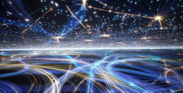 fiber optics background with lots of light spots Abstract digital network connections flowing, glowing lines, futuristic technology background, seamless loop.” or “Data stream visualization, - Powered by Adobe