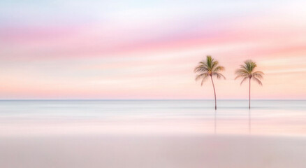 Obraz premium Two palm trees on serene sunset beach with pastel sky, nature background