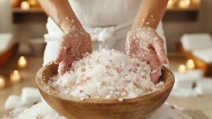 Fototapeta premium A close-up of hands gently holding a bowl filled with natural bath salts, embodying tranquility and self-care while promoting relaxation and wellness in a soothing environment.