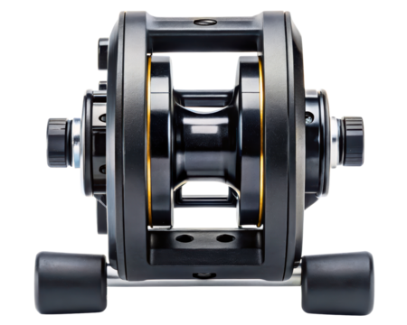Sleek fishing reel showcasing advanced engineering features on a transparent background