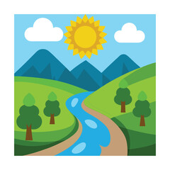 Fototapeta premium Cartoon River Landscape with Mountains and Trees
