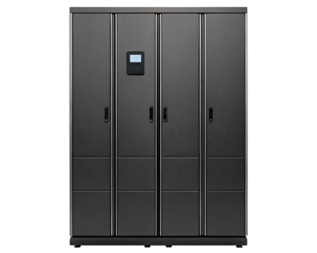 Modern black storage cabinet with multiple compartments on a transparent background