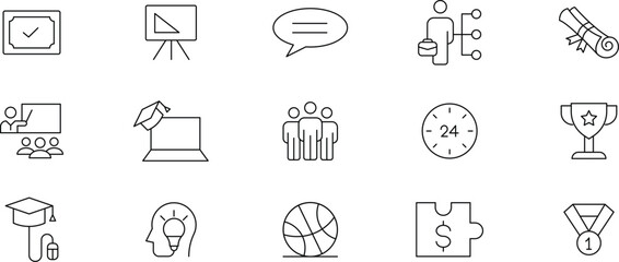 Collection of Line Icons Education, Teamwork, Success, and Time Management - Perfect for Web and App Design Projects