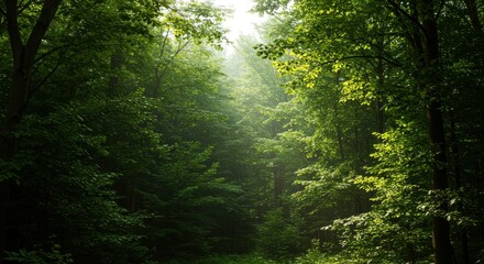 Obraz premium Forest scene with dense green trees and light filtering through, creating a tranquil vibe