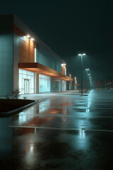 Modern building exterior at night with wet parking lot reflecting lights under a dark, overcast sky.