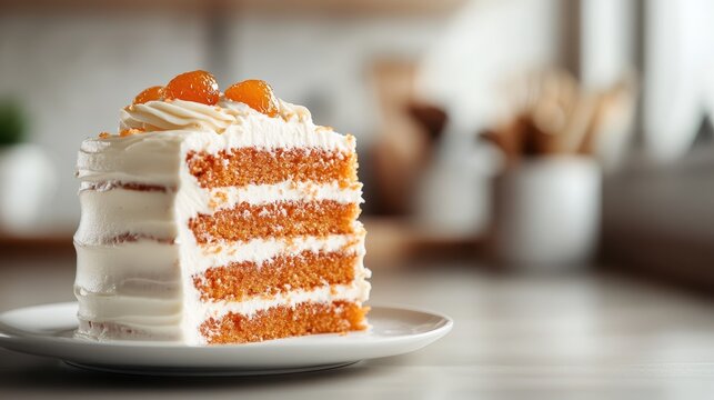 An indulgent slice of cake showcases its fluffy layers and creamy frosting topped with fruits, symbolizing celebration, sweetness, and the joy of enjoying delicious desserts.