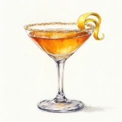 Sidecar cocktail with amber liquid and lemon twist garnish in sugar-rimmed martini glass. Watercolor illustration on white background. Classic cocktail recipe concept. 