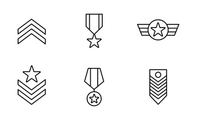 Set of Military Ranks icon, Army Rank, Military Badge Symbol Outline icon, Editable Stroke