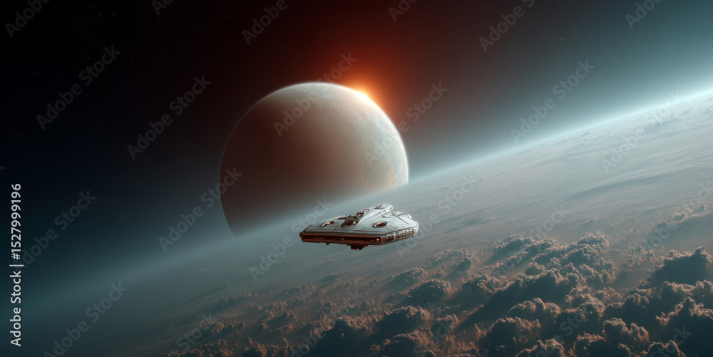 Aufkleber A robot spacecraft navigates the atmosphere of a distant planet, capturing glimpses of clouds below as the sun sets on the horizon. The exploration continues amid the vastness of space.