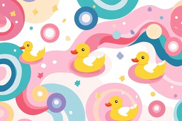 Seamless Pattern with Kawaii Ducks &ndash; Swimming in Pastel Waves