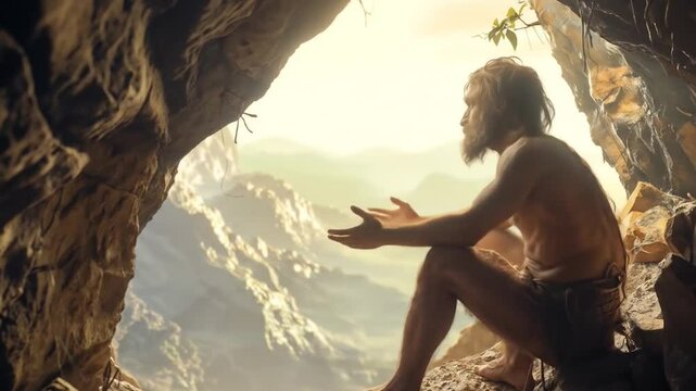 A solitary, bearded primitive man in loincloth silhouetted in the entrance of a cave. Homo sapiens with consciousness and old philosophy