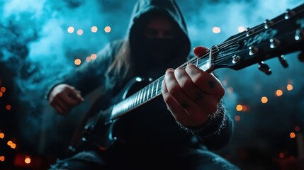 Obraz premium A mysterious guitarist enveloped in smoke delivers a powerful performance, showcasing talent with an electric guitar that captures the intense emotions of the audience.
