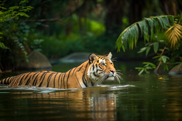 Tiger swimming in the water in jungle