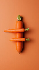 Three whole carrots arranged in the shape of an equal sign on orange background. Flat lay composition with copy space. Healthy food and vegetarian concept.  Studio still life photography