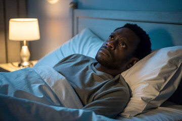 Man Suffering Sleeplessness Anxiety In Bed At Night