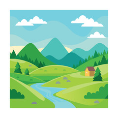 Obraz premium Peaceful Cartoon Valley with River, Mountains, and Cabin