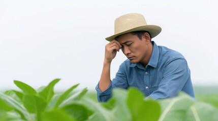 Worried farmer in straw hat stands in field of leafy plants, holding his forehead in worry during daylight hours in Summer.