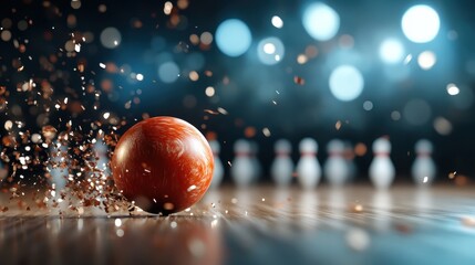 A bowling ball rolls down the lane, creating a dramatic motion blur against the backdrop of pin stands, capturing the excitement and energy of the sport in full swing.