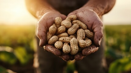 A farmer proudly holds a handful of freshly harvested peanuts, showcasing the fruits of labor against a sunset-lit field, symbolizing agricultural dedication and abundance.