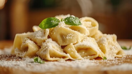 A hearty dish of tortellini pasta generously sprinkled with grated cheese and fresh herbs, showcasing culinary artistry and comfort food at its finest on a rustic table.