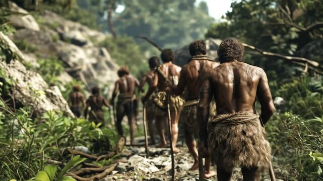 Group of primitive tribesmen traversing a dense forest path, their bodies adorned with natural materials, conveying a sense of timelessness and connection to the land.
