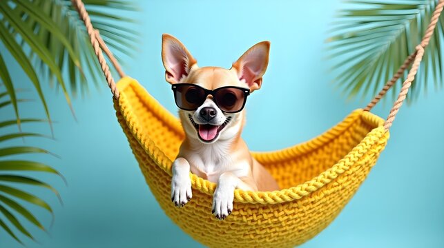 vertical image cheerful little chihuahua dog in sunglasses lying in yellow knitted hammock on light blue background with palm leaves around, funny animal summer vacation concept