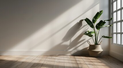 A peaceful indoor space featuring a stylish plant pot with lush green foliage casting soft shadows, inviting a sense of calm and tranquility in a modern home environment.