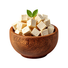 Fresh Tofu Cubes in Wooden Bowl on clean background
