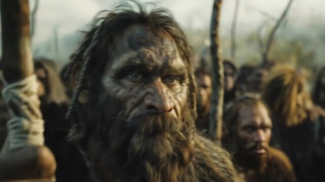 Weathered face of an ancient human ancestor, captivating in its intensity and the story it conveys through rugged features and piercing gaze. Tribe of primitive homo sapiens or neanderthals