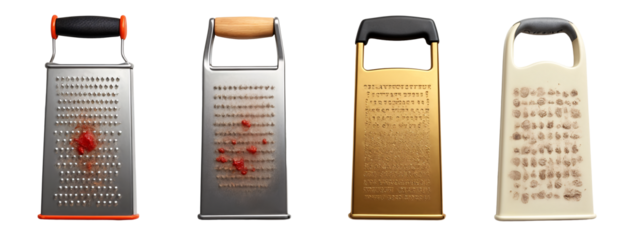 A set of four graters with different designs on them.
