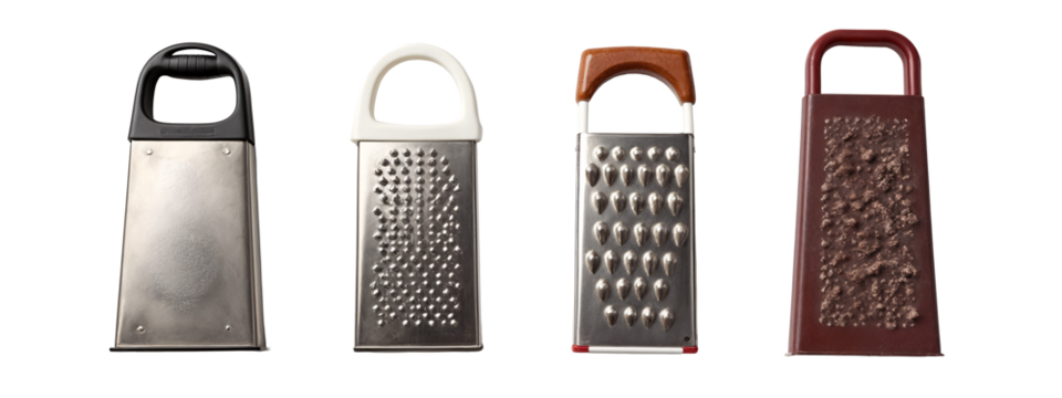 A set of four graters with different shapes and sizes.