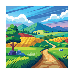 Colorful Cartoon Landscape with Path and Farmland Hills

