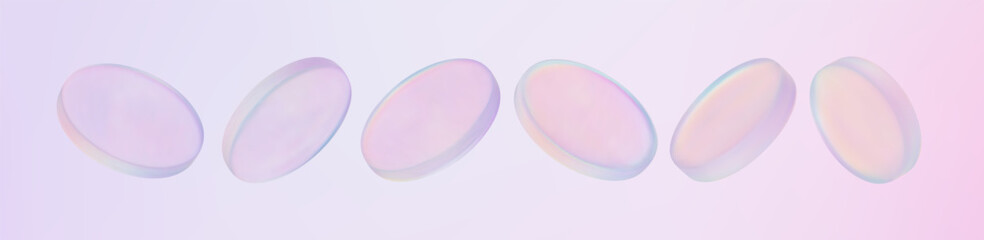 3D holographic glass coin icons floating on soft pink and purple gradient background. Chrome badge with round disk in blue and pink. Transparent currency symbol shines in a realistic techno design.