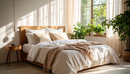 unmade bed with soft linen sheets, morning light casting shadows through sheer curtain