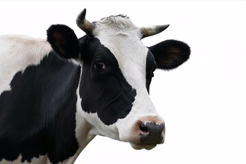 Black and White Cow with Distinctive Facial Markings and Prominent Horns Staring Against a Plain White Background, Showcasing the Natural Beauty and Rural Charm of Livestock in a Farm Setting