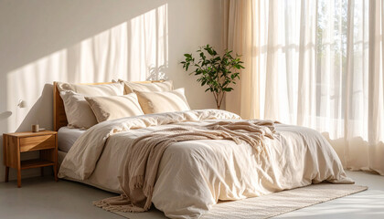unmade bed with soft linen sheets, morning light casting shadows through sheer curtain