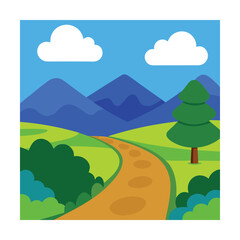 Obraz premium Minimalist Cartoon Countryside Landscape with Farmland and Mountains