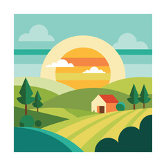 Fototapeta premium Flat Minimal Landscape with Sunrise, Hills, and Farmhouse